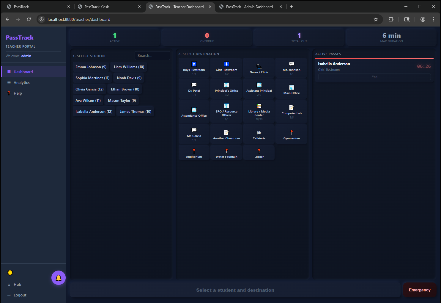 PassTrack Teacher Dashboard — 3-column touch-friendly layout